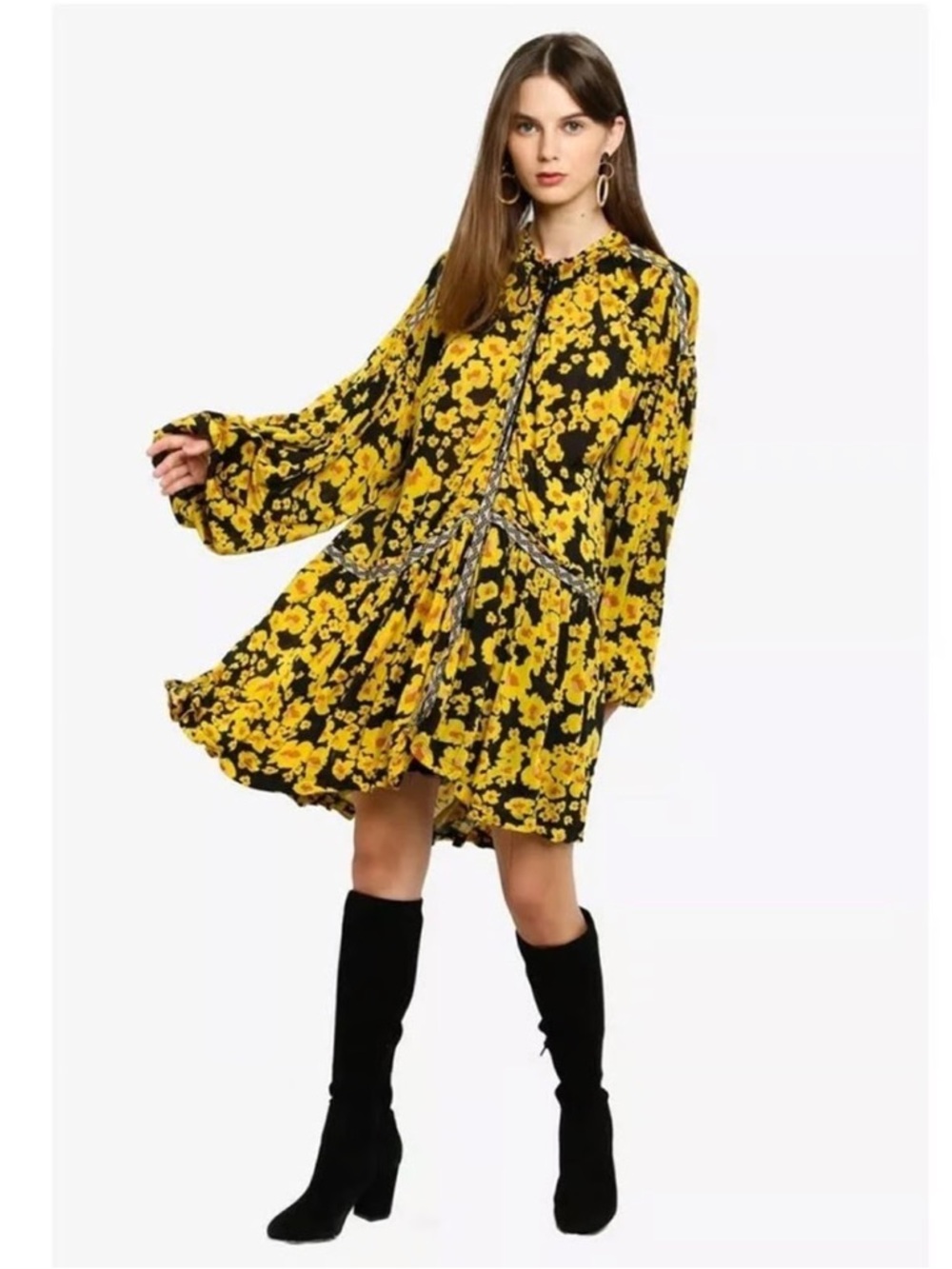 Free People Love Letter Floral Tunic Dress Yellow Black Small
